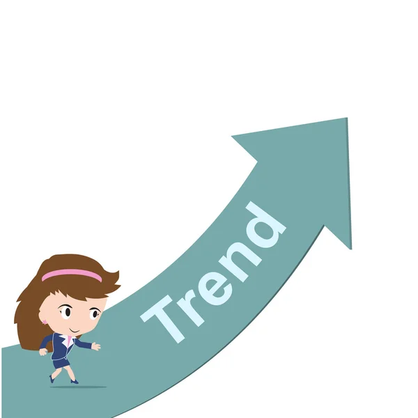 Happy business woman running on green arrow with word Trend, Finance concept, presented in vector form — 图库矢量图片