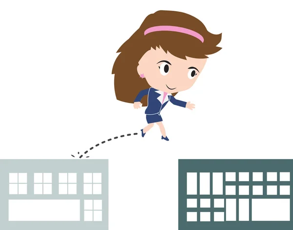 Femme d'affaires heureux saut par-dessus l'écart des bâtiments comme obstacle à la réussite concept, présenté sous forme vectorielle — Image vectorielle