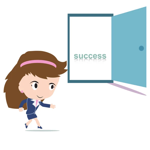 Happy business woman walking to an open door with word success inside — Stok Vektör