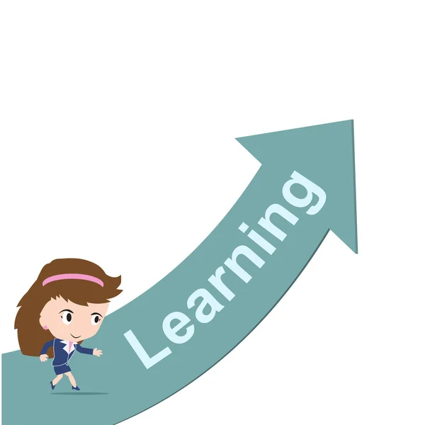 Mujer de negocios feliz corriendo en flecha verde con la palabra aprendizaje, camino al concepto de éxito, presentado en forma de vector — Archivo Imágenes Vectoriales