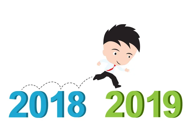 Empresario feliz de correr de 2018 a 2019, concepto de éxito de año nuevo, presentado en forma de vector — Vector de stock