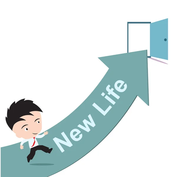 Businessman happy to running on green arrow and open door with word New Life success concept, presented in vector form — 스톡 벡터