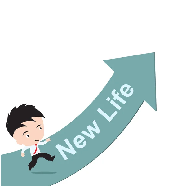 Businessman happy to running on green arrow with word New Life success concept, presented in vector form — 스톡 벡터