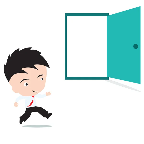 Hombre de negocios feliz de correr en puerta abierta, presentado en forma de vector — Vector de stock