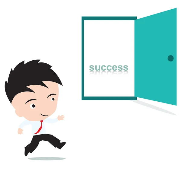 Бізнесмен із задоволенням ходить до відкритих дверей зі словом успіх всередині, представлений у векторній формі — стоковий вектор