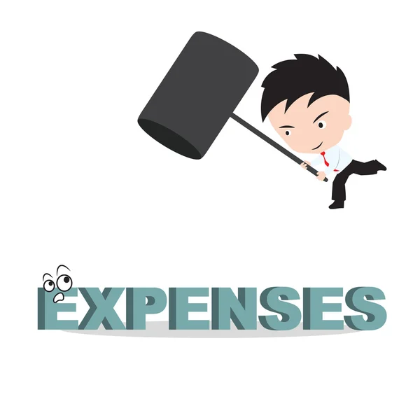 Podnikatel držící kladivo a s cílem rozbít formulaci "výdaje", snížit výpočet nákladů — Stockový vektor