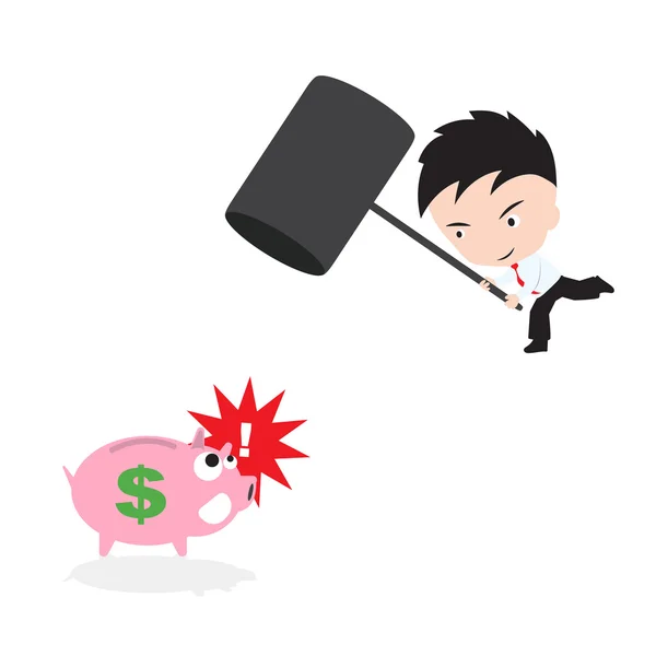 Businessman, smashed piggy bank with hammer, in vector form, saving concept — Διανυσματικό Αρχείο