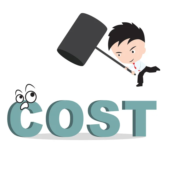 Podnikatel držící kladivo a s cílem rozbít formulaci "náklady", zmenšit koncept ocenění — Stockový vektor