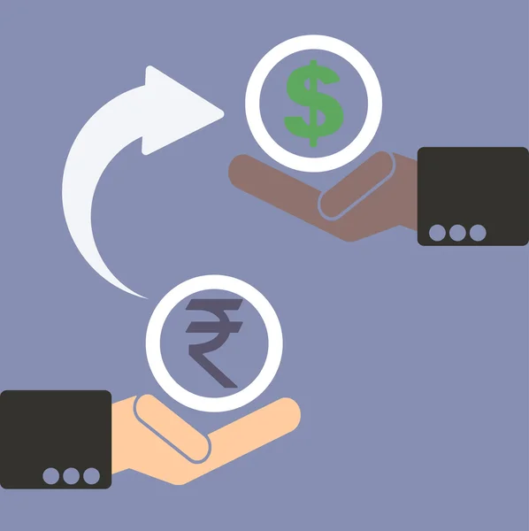 Human hand with currency symbols for market and stock money exchange concept in vector, rupee to dollar — Wektor stockowy