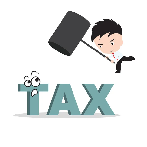 Businessman holding hammer and aiming to smash the wording "TAX", reduce costing concept — Stock Vector