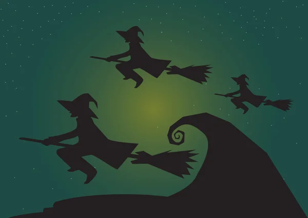 Grupo de brujas volando con la luna en la noche, halloween tema de fondo en Vector — Vector de stock