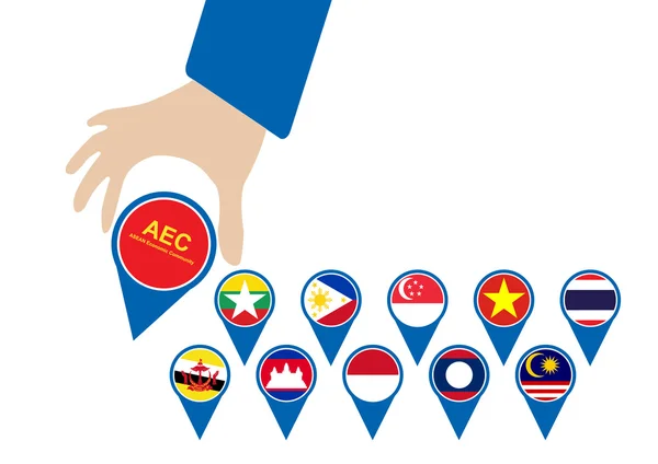 ASEAN Economic Community, AEC in businessman hand pin, for design present in vector — Stockový vektor