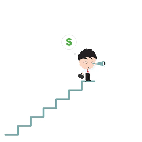 Businessman stand at stair and looking for money dollar sign with telescope or binoculars — Stock Vector