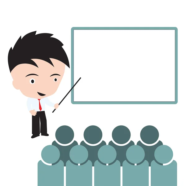 Businessman with peoples and whiteboard in meeting for brainstorm concept on white background — 图库矢量图片