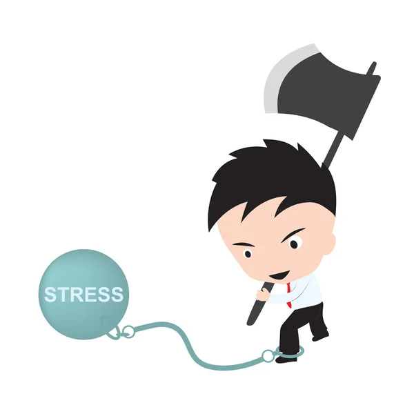 Geschäftsmann mit der Axt in der Hand und das Ziel, die Kette mit dem Wort "Stress" zu durchtrennen, Kostenkonzept zu reduzieren — Stockvektor