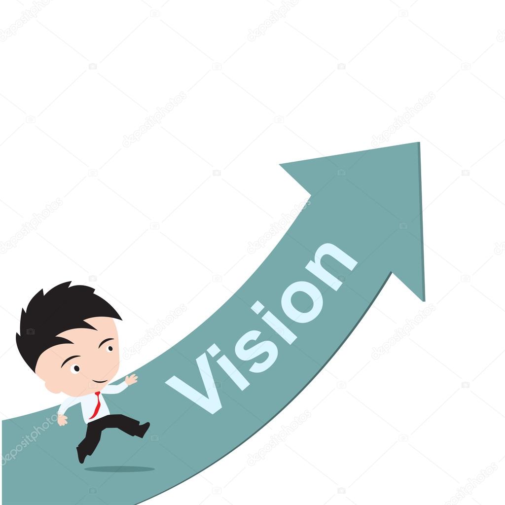 businessman happy to running on green arrow with word Vision, road to success concept, presented in vector form