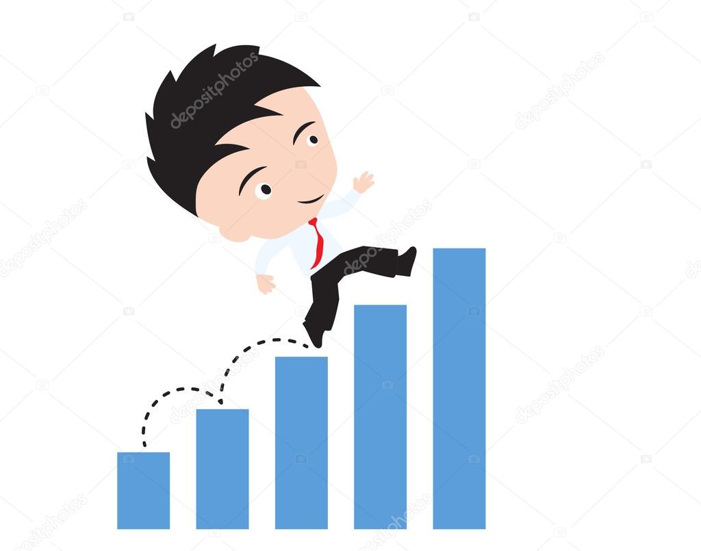 businessman happy to walk and running up over bar chart or graph trend, road to success concept, presented in vector form