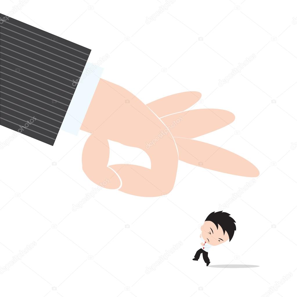 Businessman, worry and fear hand of boss kicked or strum, abstract of business recruitment concept
