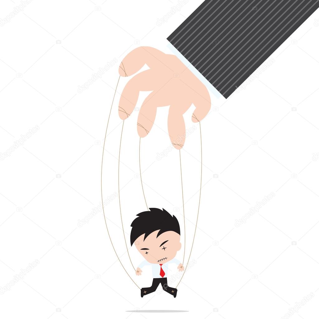 Businessman marionette on ropes controlled by other hand, on white background