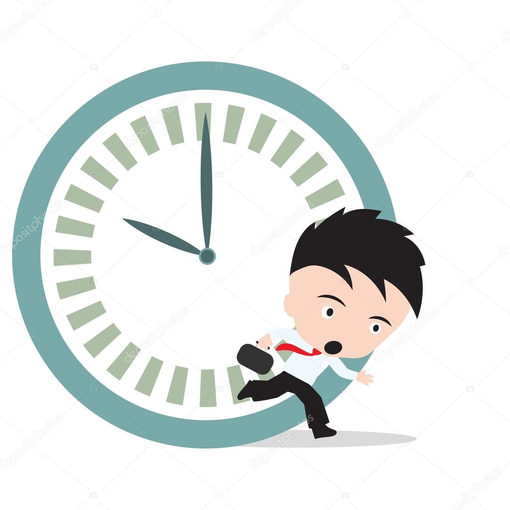 Businessman running late as hurry up for work and clock rush hour, on white background