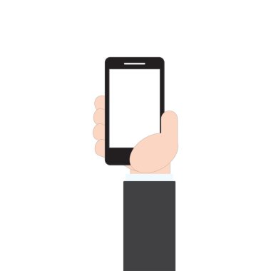 businessman hand holding mobile phone on white background, vector illustration in flat design style