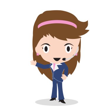 Business woman Call Center offer for 24h all time or customer support by phone on white background, vector illustration in flat design