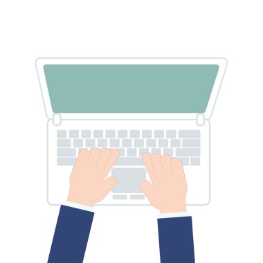 male hands working on laptop, top view on white background, Vector illustration in modern flat design