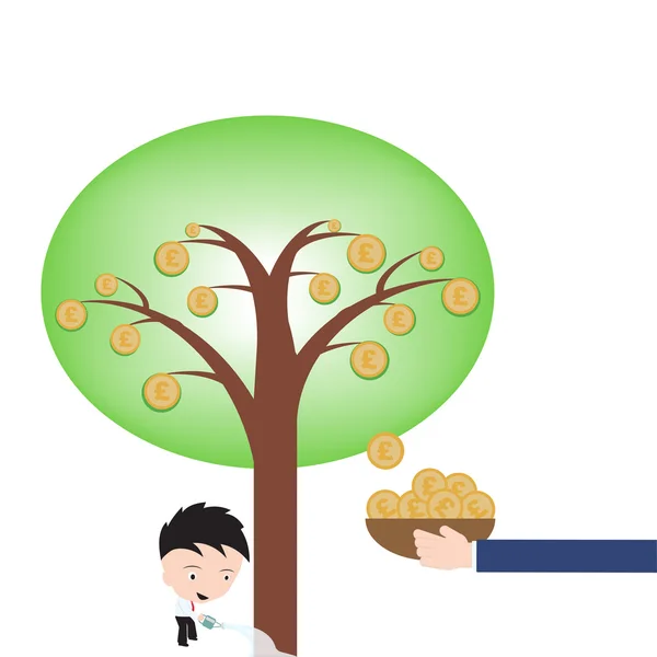Homme d'affaires heureux et arrosage pot croissant arbre d'argent, signe Livre sur fond blanc, ilusstration vectorielle dans la conception plate — Image vectorielle