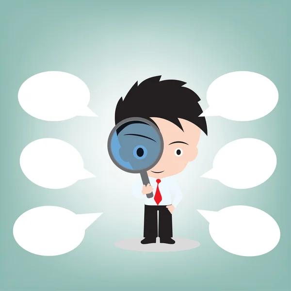 Businessman looking through a magnifying glass for searching and bubble speech, vector illustration in flat design — Διανυσματικό Αρχείο