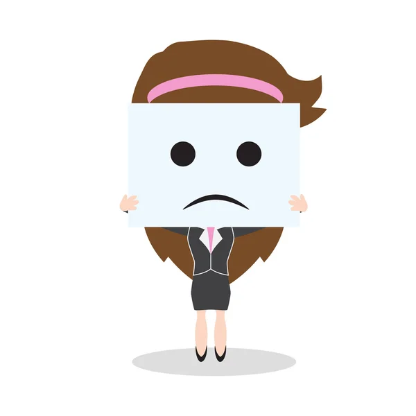 Mujer de negocios mostrando cara de tristeza sobre fondo blanco, ilustración vectorial en diseño plano — Vector de stock