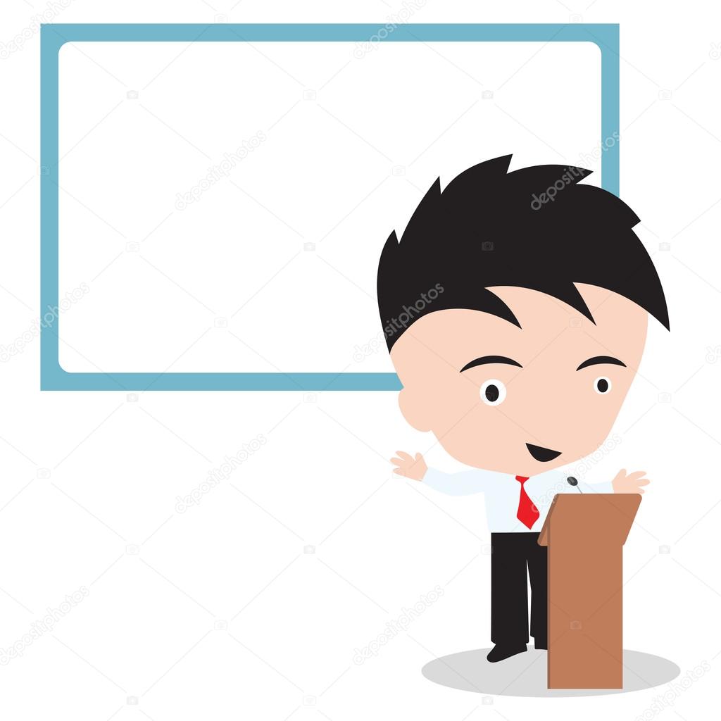 Businessman speaker standing and speaking and whiteboard behind, vector illustration on white background