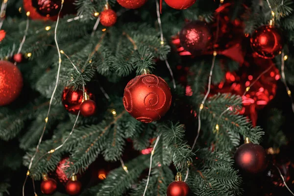 Red Balls Decorate Christmas Tree Selective Focus — Stock Photo, Image