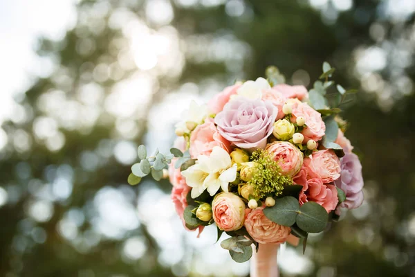 Bouquet pour la mariée avec pivoines roses et eucalyptus — Photo