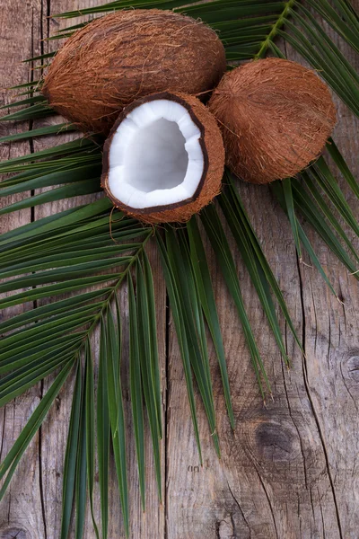 Kokosnoot op houten tafel. — Stockfoto