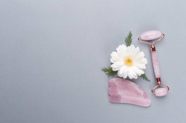 Yüz masajı için Gua sha Yeşim Roller, Yaşlanma Karşıtı Tedavi, fotokopi alanı ile düz uzanma