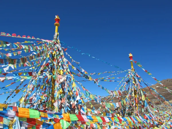 Gökyüzü Arka Plan Üzerinde Mantra Ile Tibet Bayrakları — Stok fotoğraf