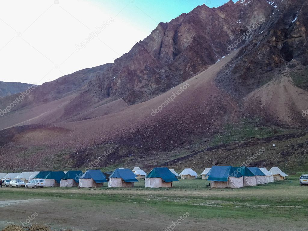 Sarchu camping tents at Leh - Manali Highway. Leh - Manali Road is a highway in northern India connecting Leh in Ladakh in Jammu and Kashmir state and Manali in Himachal Pradesh state.
