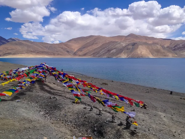 Pangong Gölü ve dua bayrağı, Leh, Ladakh, Hindistan