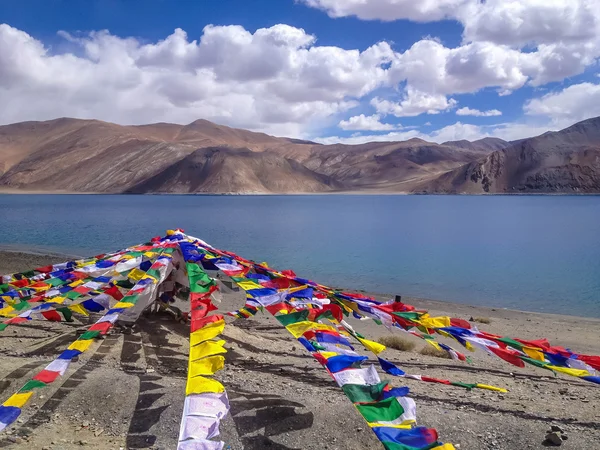 Lago Pangong Pangong Tso Con Bandiere Preghiera Ladakh Jammu Kashmir — Foto Stock
