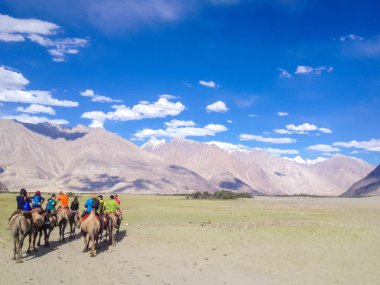 Leh, Ladakh, Hindistan - 9 Temmuz 2014: Nubra Vadisi, Ladakh, Jammu ve Kashmir, Hindistan 'daki Hunder köyünde tanımlanamayan turist karamelleri.