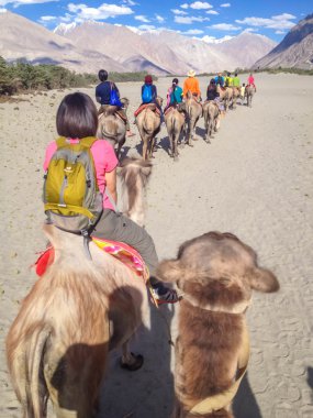 Leh, Ladakh, Hindistan - 9 Temmuz 2014: Nubra Vadisi, Ladakh, Jammu ve Kashmir, Hindistan 'daki Hunder köyünde tanımlanamayan turist karamelleri.