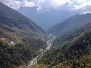 Annapurna ana kamp rotası Tadapani 'den Chomrong' a manzara, dağ, pirinç tarlası, köy, nehir, Nepal