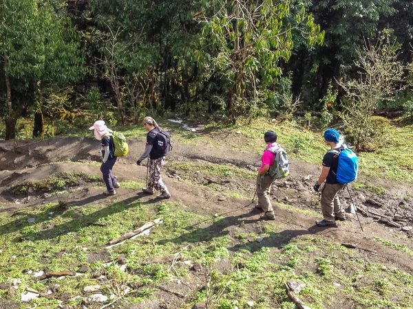 Annapurna Nepal Abril 2012 Caminhada Montanhistas Para Acampamento Base Annapurna — Fotografia de Stock