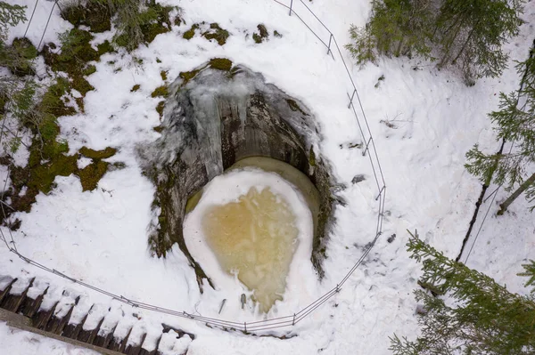 Winter landscape in forest, drone. Glacial potholes in Askola, Finland. Good quality