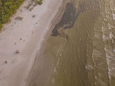 Yaz akşamı, kıyı şeridi, Riga Körfezi 'nin ıssız plajı. Kumsal ve dalgalar. Bir İHA 'dan fotoğraf.