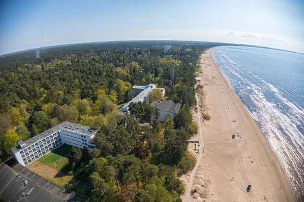 Estonia, narva jesuu,May 26, 2021 Coast of the Gulf of Finland, sandy coast  Summer day, drone view of the resort town at the mouth of the Narva in the Baltic States