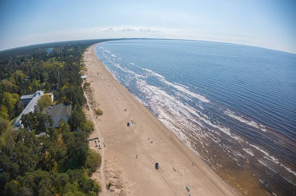 Estonia, narva jesuu,May 26, 2021 Coast of the Gulf of Finland, sandy coast  Summer day, drone view of the resort town at the mouth of the Narva in the Baltic States