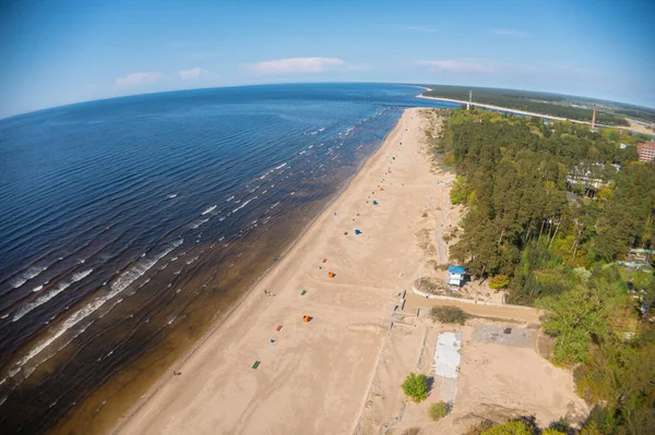 Estonia, narva jesuu,May 26, 2021 Coast of the Gulf of Finland, sandy coast  Summer day, drone view of the resort town at the mouth of the Narva in the Baltic States