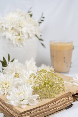 Hayat eski bir kitap, bir fincan kahve ve kasımpatı çiçeğiyle dolu.