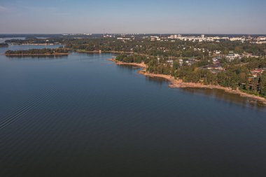 Finland Espoo. July 14, 2021. Photo from a drone on a sunny morning of the coastal part of the beach in the Gulf of Finland. Scandinavian nature